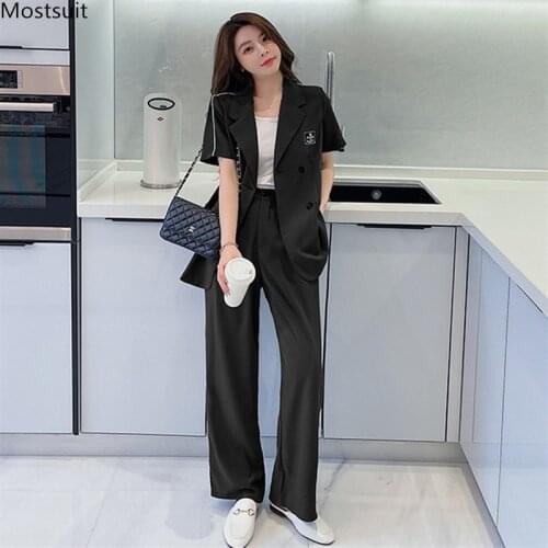 Summer Elegant Casual Blazer Suit Women Short Sleeve Double Breasted Blazer + Wide Leg Pants Set Outfits Korean Coustume Femme