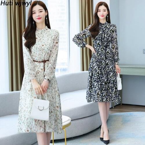 2021 Spring Autumn Casual Floral Chiffon Beach Maxi Dresses Korean Vintage Long Dress Elegant Women Bodycon Party Midi Vestidos