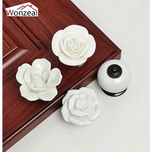 2PCS White Flower Ceramic Drawer Handles Cupboard Door Roses Closet Pulls Kitchen Cabinet Knobs Furniture Handles Hardware