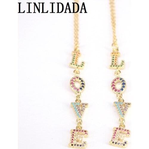 5Pcs, Rainbow / White CZ Micro Pave Letter Charm, Love Pendant, Gold Color Pave charms, Delicate Zirconia Necklace