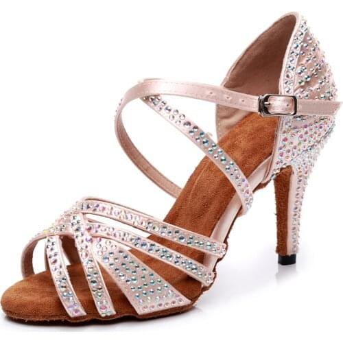 Ballroom Outdoor Outsole Salsa Jazz Dance Heel Tan Standard Urban Plus Size Samba Heel Rhinestone Women Latin Dancing Shoes