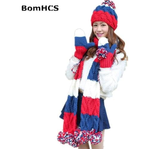 BomHCS 3pcs Gloves+ Beanie+ Scarf Suit Winter Warm Womens Knitted Fashion Hat Mittens Neckerchief Thickened Lining