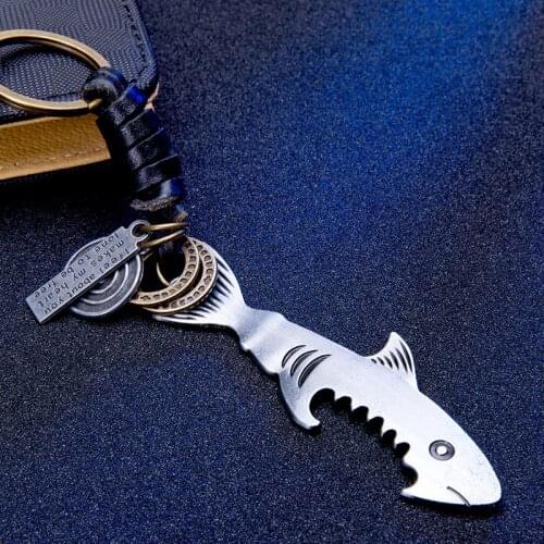 Silver Color shark bottle opener keychain 2020 Alloy multifunction fish corkscrew key chains jewelry New arrived cowhide keyring