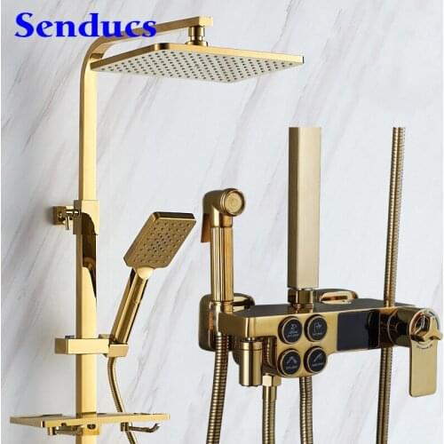 Digital Shower Set Copper Brass Bathroom Mixer Faucets 12 Inch Rainfall Shower Head Gold Thermostatic Digital Bath Shower Set