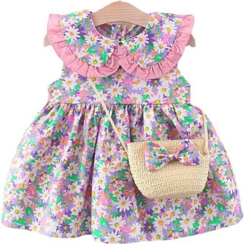 Kids Baby Girls Dresses 2021 Summer Printed Doll Collar Dress Sweet Sleeveless Childrens Baby Girls Clothing Princess Dress