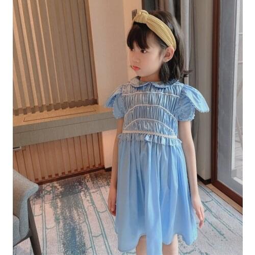 Summer girls dress high quality haute couture light blue palace style silk satin dress kids clothes