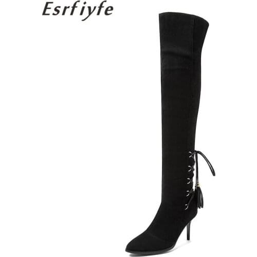 ESRFIYFE New Women Over The Knee Boots Lace Up Sexy High Heels Shoes Woman Female High Boots Large Size 34-46 Women Long Boots