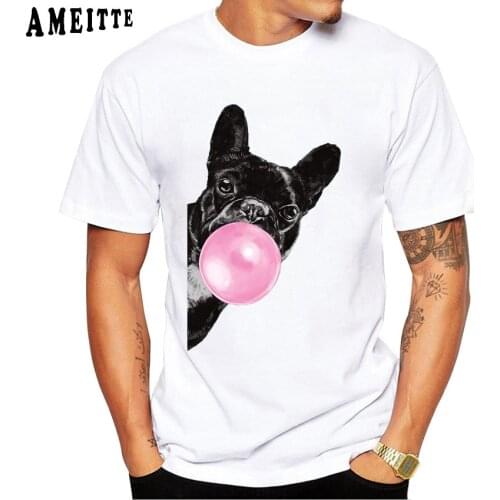 New Summer Fashion Mens Short Sleeve Black French bulldog Blowing Bubble Gum Print T-Shirt Funny Boy Casual Tops Man Tee