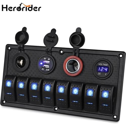 Herorider 8 Gang 12-24V Rocker Switch Panel Control Car Marine Boat Voltmeter Cigarette Lighter Socket Dual USB Charging Ports