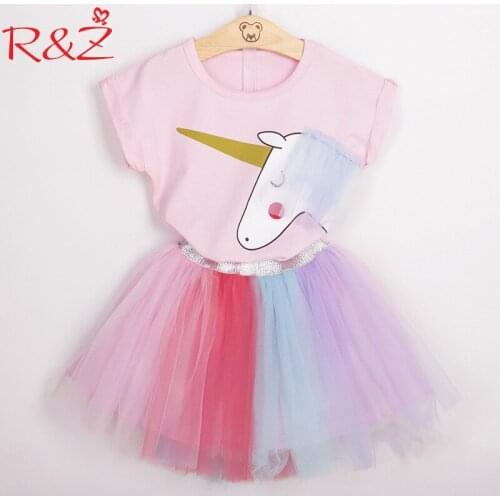 R&Z Girl Sets 2019 New Summer Casual Style Cartoon Unicorn T-Shirts+Colorful Veil Dress 2Pcs for Girls Clothes 2-6Years k1