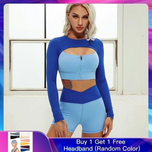 2021 New Seamless Yoga Set Women Gym Clothes Workout Sportswear Patchwork Long Sleeve Crop Top Fitness Shorts Sports Set Women