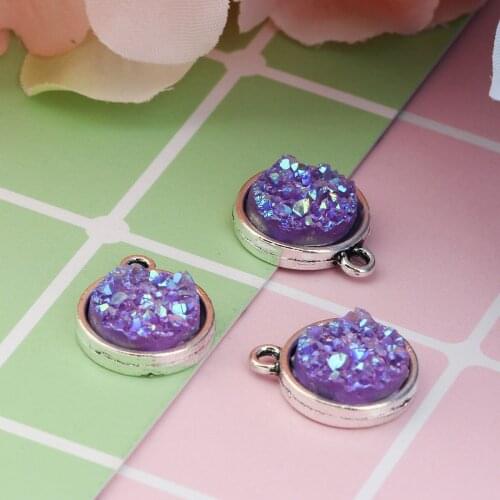 Druzy Series Round Round Charm Pendant with Purple AB Color Uneven Round Resin Patch Pendant for Women DIY Necklace Jewelry Gift