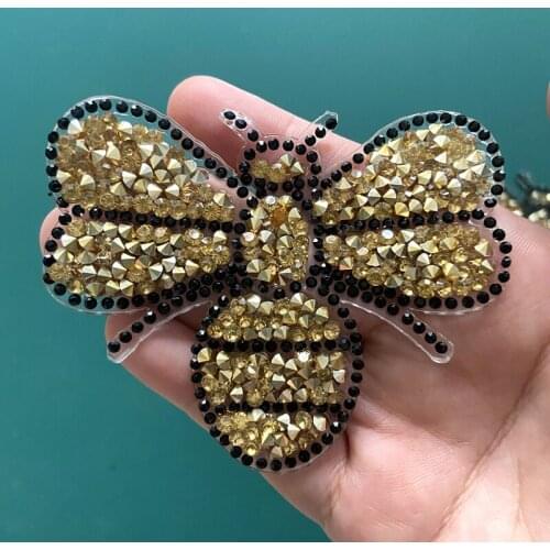 LCT Diamond Light Gold Bee Patch Iron On Stickers For Kids Children Cloting Parches Termoadhesivos Para Ropa Sewing Badges