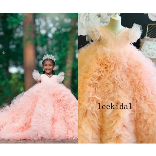 Lovely Blush Ball Gown Toddler Flower Girls Dresses For Wedding Birthday Party Ruffles Tulle Short Sleeves First Communion Gowns