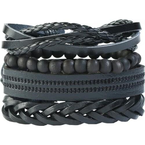 Fashion Men Black Charm Wristbands Rock Braided Rope Leather Beads Cuff Bracelet Set Handmade Wrap Bangles Vintage Punk Jewelry