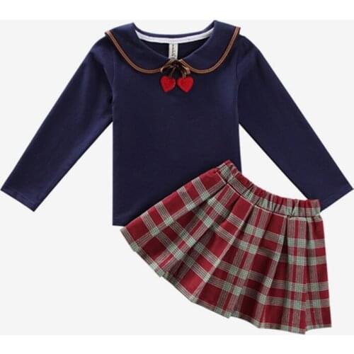 2019 spring children girls new preppy style cute long sleeve T-shirt +Plaid skirt clothing set 3-8 Years