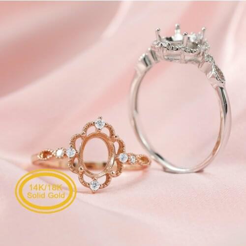Oval Prong Ring Settings Solid 14K/18K Rose White Gold with Moissanite Accents DIY Vintage Style Filigree Bezel Tray 1224059