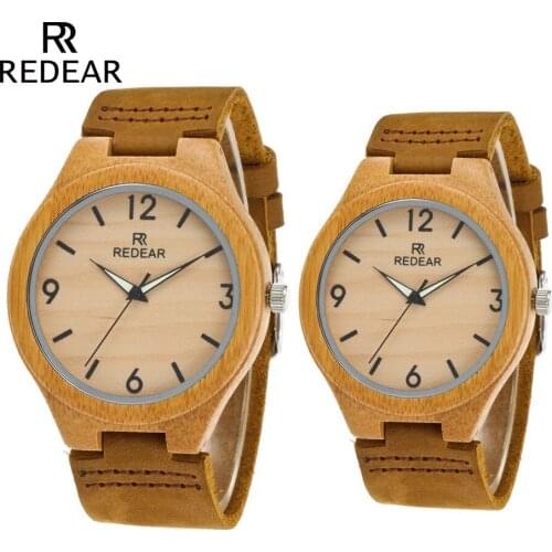 REDEAR Lovers Watches Classic Wooden Bamboo Watches With Night Light Pointer Real Leather for women Unisex in Gift Box