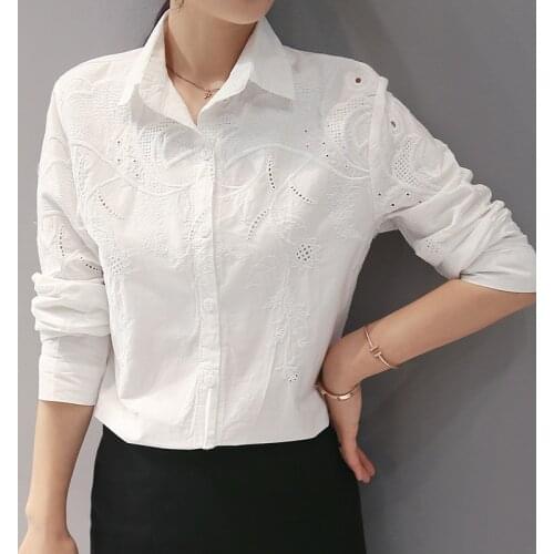 Plus Size 3XL Cotton Shirt 2020 Spring Autumn Hollow Out Flower Embroidery Long Sleeve White Shirt Women Tops