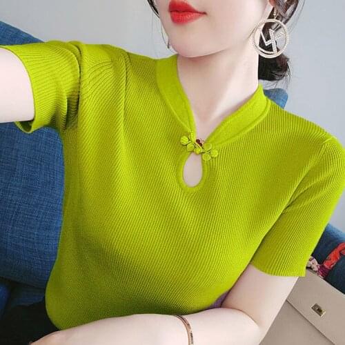 V-neck Retro T-shirt Female 2021 Summer New Knitted Short Sleeve Cheongsam Collar Loose Thin Top Female Y2k Kawaii Tops Blouses