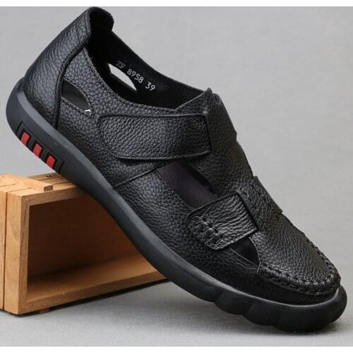 2020 Summer Mens Genuine Leather Sandals Breathable Beach Sandals Men Soft Rubber Slipper Handmade Leisure Comfortable Flats