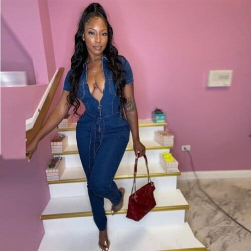 Sexy V-Neck Elastic Hight Bodycon Denim Tracksuits Jumpsuits Short Sleeve Zipper Sashes Club Outfit Women Long Pants Bodysuits