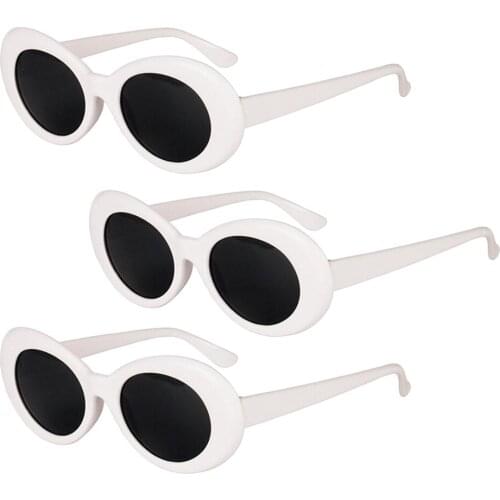 3 Pieces Clout Goggles Sunglasses Oval Lens, Retro Bold Mod, Thick Framed Vintage 80s Rapper Dress Up - White