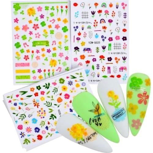 3D Nail Art Stickers 2021 Spring Colorful Cute Flowers Abstract Face Back Glue Slider Decals For Nails Art