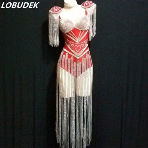 2019 Nightclub Bar Jazz Dance Team Costume Red Rhinestones Epaulet Tassel Bodysuit Female Singer Performance Crystals Stage Wear