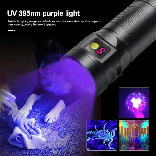 12LED 395nm Ultraviolet UV Flashlight &1800Lm White Torch Type-C Rechargeable 3-Speed Waterproof IPX67 Purple Detection Lanterna