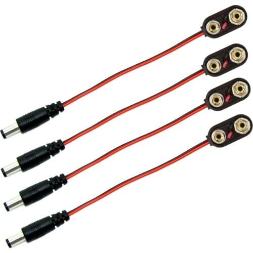 9V Battery Snap Side Connector with 2.1mm x 5.5mm Plug - Pack of 4