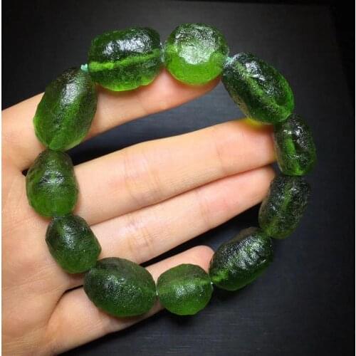 13mm Green GEM MOLDAVITE Meteorite Impact Glass Bead Bracelet