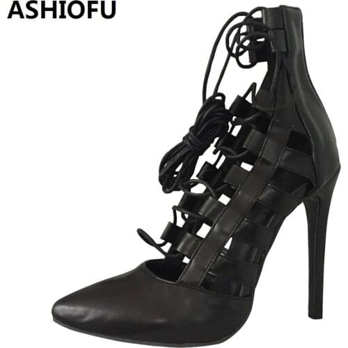 ASHIOFU Womens High Heel Pumps Real Photos Wholesale Party Prom Dress Shoes Shoelace Ankle Strap Fashion Evening Court Shoes