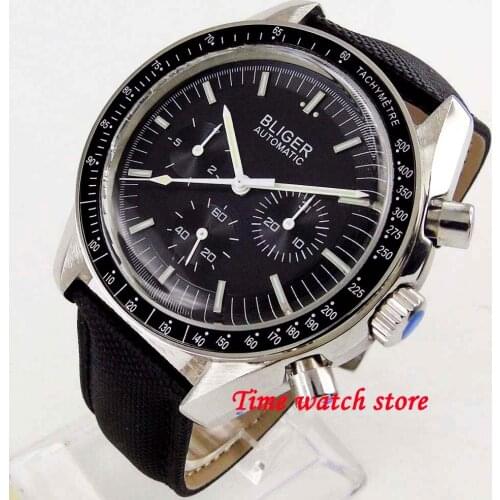 Luxury 40mm Bliger Multifunction Automatic mens watch Date week display black dial Arched glass leather strap 215