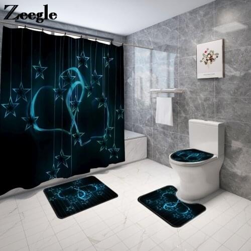 Geometric Bathroom Carpet Bath Mat Shower Curtain Set Toilet Seat Cover Mat Non-slip Bathroom Floor Mat Shower Room Bath Rug Set