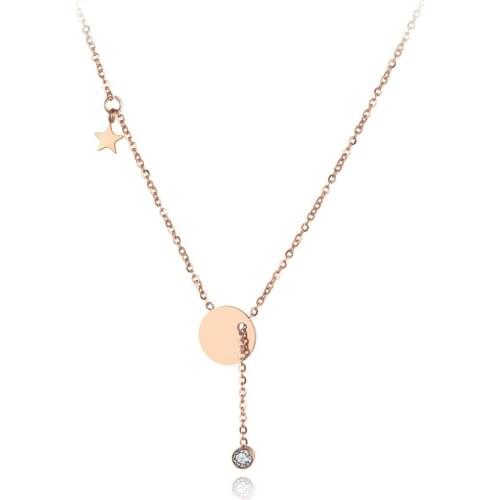 Office Stainless Steel Round Tag Star Pendant Necklaces Jewelry Trendy Rhinestone Chokers Necklace For Women N19014