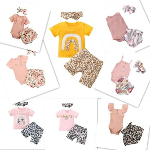 2021Summer Newborn Baby Girl Clothes Set Rainbow Embroidery Short Sleeve Leopard Print Shorts Headband 3Pcs Infant Clothing Suit