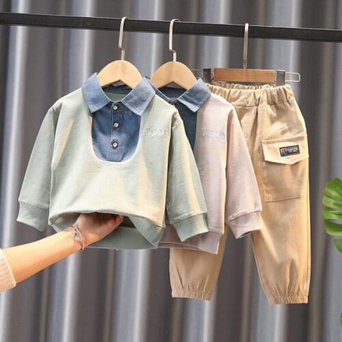 Baby Boys Clothes Sets 2021 Spring Autumn Costume Kids Patchwork Fake Two Shirt+Tooling Pants 2Pcs Suits Toddler Boys Clothing