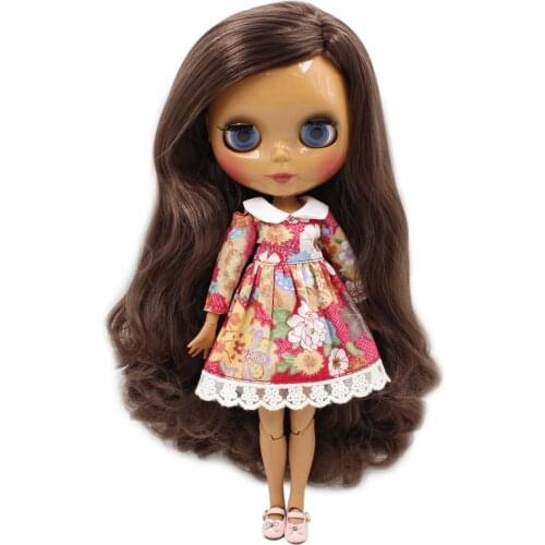 ICY DBS Blyth doll 1/6 bjd joint body BL0222 Dark brown long curly hair without bangs dark skin for girl toy DIY