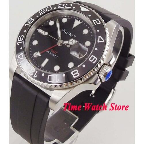 40mm parnis black dial GMT luminous ceramic bezel sapphire glass rubber strap automatic movement mens watch 381