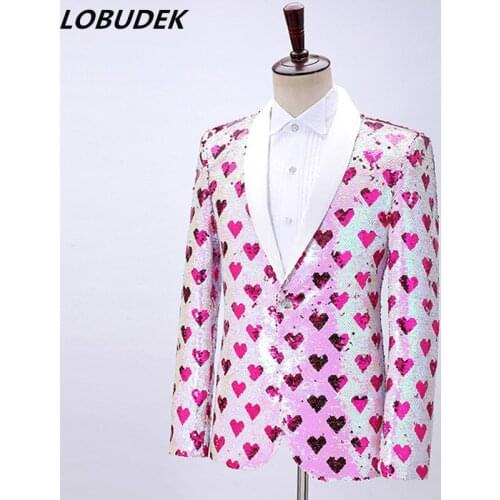Mens Fashion Wedding Performance Suits Jacket Changeable Sequin Blazer Host Singer Shining Stage Clothes One Button Slim Coat