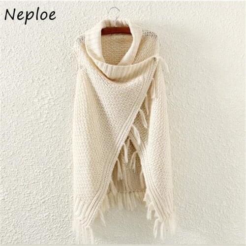 Neploe Knit Tassel Top 2021 Winter Women Sweater Batwing Solid Fringed Fashion Irregular Tops Poncho Shawl Cape Sweaters