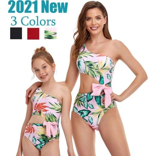 2021 New Girls Women Swimsuit One Piece Swimwear Family Children Bathing Swimming Suits Black Red Solid Beachwear Wear