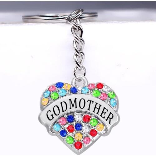 New Fashion Colorful Rhinestone Inlay GODMOTHER Heart Shaped Metal Pendant Keychain for Gift Jewelry Key Chain