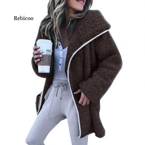Autumn Winter Women Jacket Solid Color Long Sleeve Faux Fleece Loose Warm Coat Loose Outerwear Female Streetwear Plus Size