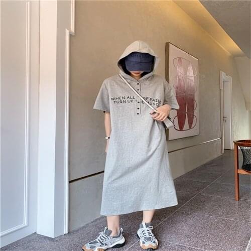 Big Size Gray Cartoon Letter Print Women T-shirt Dress Short Sleeve Hooded Dress With Button Loose Casual Maxi Dresses for Women