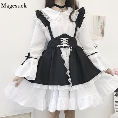 Japanese Style Sweet Lolita Dress Black and White Women Maid Costume Gothic Party Dress Flare Sleeve Women Dresses Vestido 13646