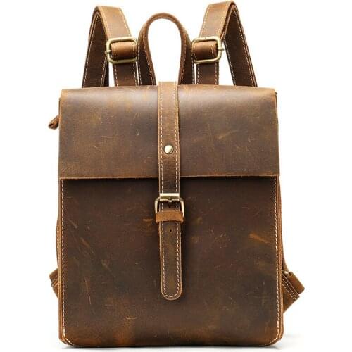Vintage Man Bag Crazy Horse Leather Shoulder Bag, Handmade Genuine Leather Backpack, Mens Cowhide Leather Computer Backpack