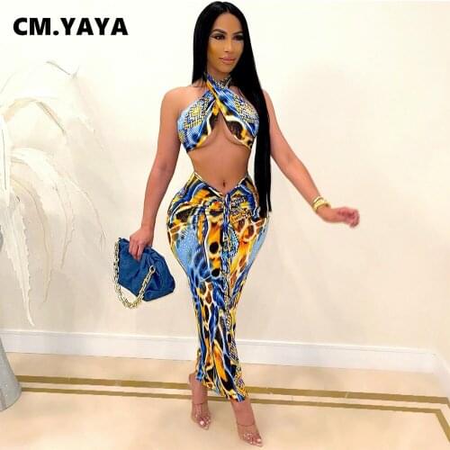 CM.YAYA Sexy Beach Leopard Womens Tracksuit Ruched Waist Maxi Midi Skirts Set with Crop Tops Matching Two 2 Piece Set Outfit