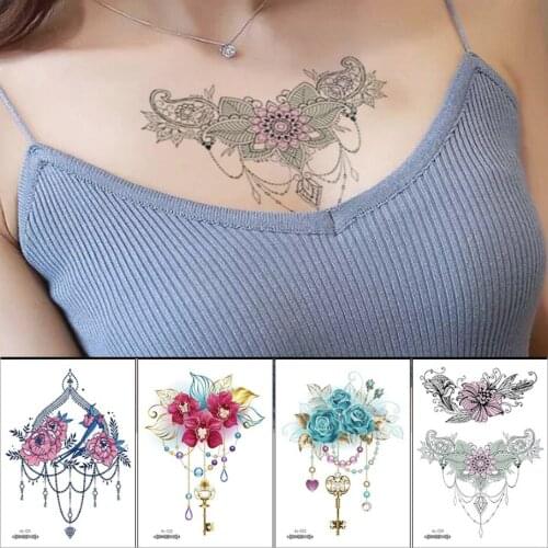 Sexy tattoo sticker jewel vintage temporary tattoos henna lace under breast tattoo necklace fake tatoo fashion girls body art